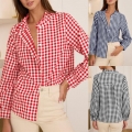 Vintage Sweet Gingham Plaid Shirt Women Wood Ear Ruffle Collar Long Sleeve Blouse Single Breasted Casual Tops Polyester Spandex Spring Autumn Clothing