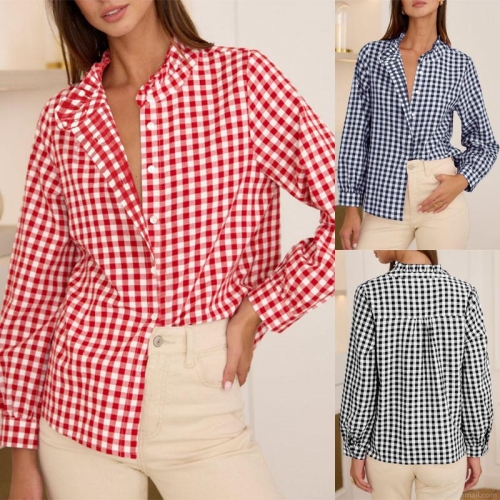 Vintage Sweet Gingham Plaid Shirt Women Wood Ear Ruffle Collar Long Sleeve Blouse Single Breasted Casual Tops Polyester Spandex Spring Autumn Clothing