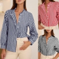 Women Plus Size Plaid Gingham Long Sleeve Blouse Ruffle Collar Button Down Shirt For Casual Office Elegant Polyester Spandex Tops