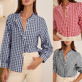 Women Plus Size Plaid Gingham Long Sleeve Blouse Ruffle Collar Button Down Shirt For Casual Office Elegant Polyester Spandex Tops
