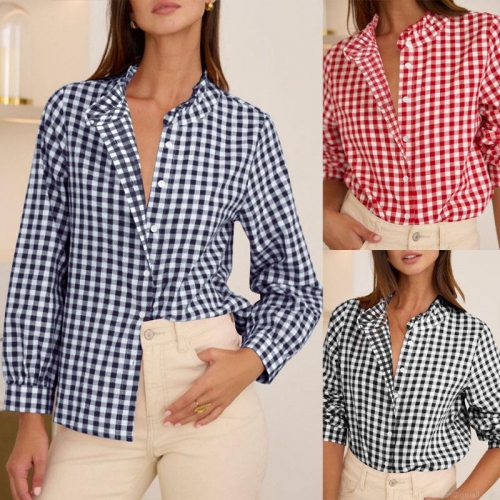 Women Plus Size Plaid Gingham Long Sleeve Blouse Ruffle Collar Button Down Shirt For Casual Office Elegant Polyester Spandex Tops