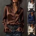 Women's Elegant Satin Blouse Long Flare Sleeve Silk Texture Blouse Office Lady Slim Fit Stand Collar Single Breasted Solid Color Shirt