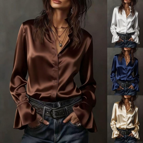 Women's Elegant Satin Blouse Long Flare Sleeve Silk Texture Blouse Office Lady Slim Fit Stand Collar Single Breasted Solid Color Shirt