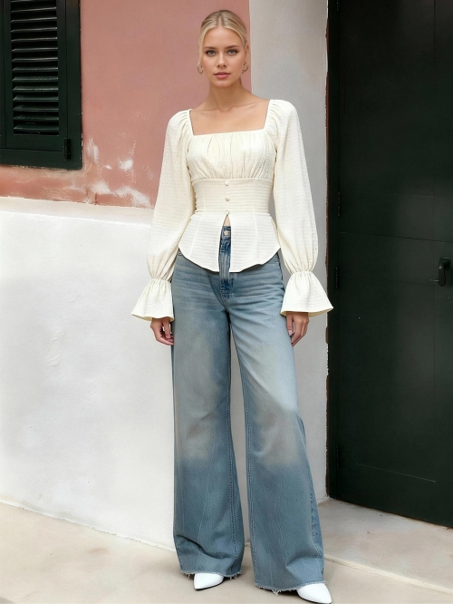 French Square Neck Puff Sleeve Long Sleeve Blouse For Women Elegant Smocked Waist Textured Polyester Spandex Top Commute Daily Party Wear