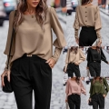 Women Elegant Round Neck Long Sleeve Blouse Solid Color Polyester Spandex Button Back Loose Casual Top Shirt For Office Daily Wear