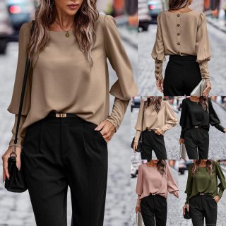 Women Elegant Round Neck Long Sleeve Blouse Solid Color Polyester Spandex Button Back Loose Casual Top Shirt For Office Daily Wear