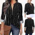 Women's Zipper V-Neck Striped Shirt Elegant Long Sleeve Polyester Spandex Blouse Business Casual Commuting Top Office Wear
