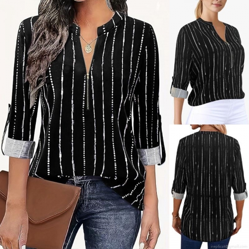 Women's Zipper V-Neck Striped Shirt Elegant Long Sleeve Polyester Spandex Blouse Business Casual Commuting Top Office Wear
