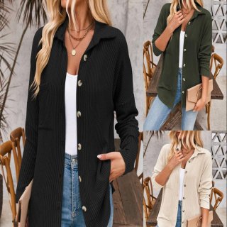 Women's Casual Waffle Knit Button Down Shirt Loose Fit Long Sleeve Blouse Top With Pocket Cardigan For Spring Autumn Women Fashion