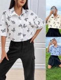 Women's Summer Butterfly Print Short Sleeve Shirt Polyester Spandex Cropped Turn-down Collar Button-down Blouse Casual Fresh Fashion Tops For Ladies