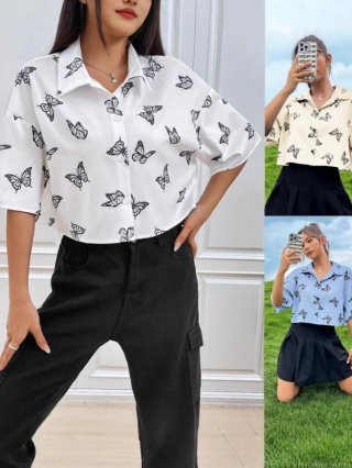 Women's Summer Butterfly Print Short Sleeve Shirt Polyester Spandex Cropped Turn-down Collar Button-down Blouse Casual Fresh Fashion Tops For Ladies