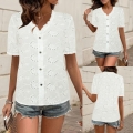 Women's Summer Embroidered Short Sleeve Shirt Casual White Hollow Out V Neck Button Up Top Elegant Scalloped Trim Blouse For Daily Vacation