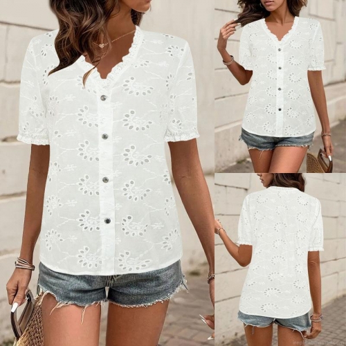 Women's Summer Embroidered Short Sleeve Shirt Casual White Hollow Out V Neck Button Up Top Elegant Scalloped Trim Blouse For Daily Vacation