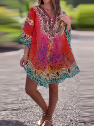Women Bohemian Ethnic Print Blouse V Neck Loose Polyester Chiffon Top 3/4 Sleeve Casual Beach Vacation Kaftan Tunic For Women Fashion Summer Pullover