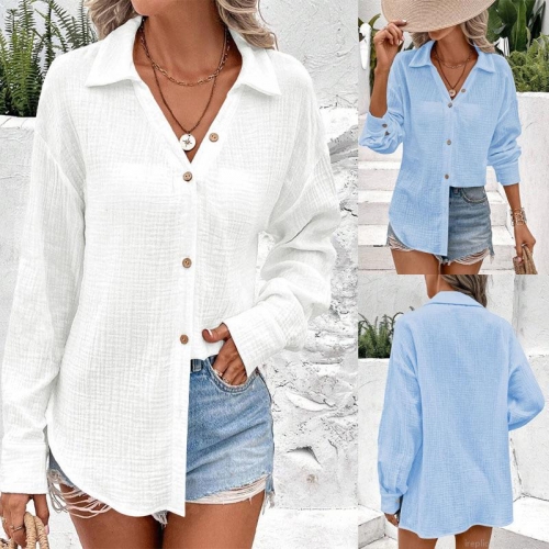 Women's Casual Solid Color Double Layer Wrinkled Long Sleeve Button Down Blouse Shirt With Wood Buttons Loose Fit Lapel Tops For Summer Spring Daily Vacation