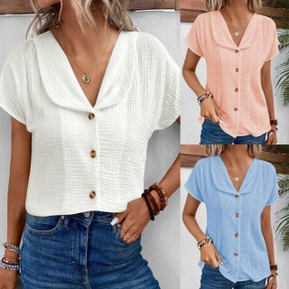 Women's Casual Textured Short Sleeve Shirt V Neck Peter Pan Collar Single Breasted Blouse Cotton Blend Summer Loose Top Solid Color Clothing