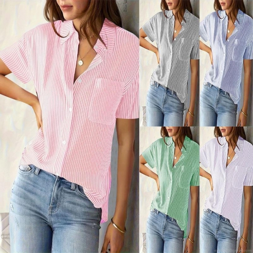Women's Casual Vertical Stripe Short Sleeve Blouse With Pocket Button Down Turn-Down Collar Polyester Spandex Lightweight Summer Shirt For Daily Work Women Tops