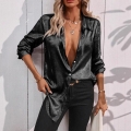 Women's Metallic Shimmer Long Sleeve Blouse Lapel Button Down Shirt Casual Solid Color Top Plus Size Party Wear