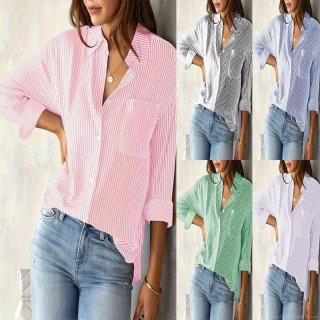 Women's Plus Size Vertical Striped Long Sleeve Button Down Shirt Polyester Spandex Blouse With Front Pocket Lapel Collar Casual Office Tops For Women