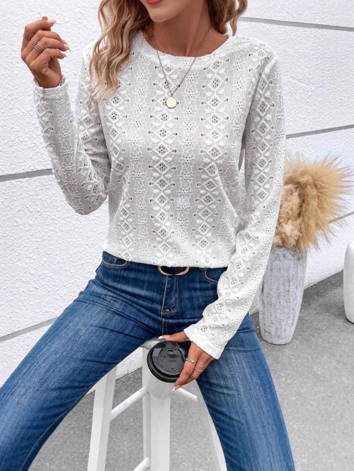 Women's Hollow Out Lace Blouse Long Sleeve Solid Color Round Neck Casual Shirt Elegant Crochet Pullover Top For Summer Beach Holiday Daily Fashion
