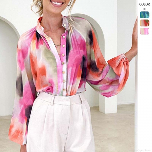 Women's Fashion Colorful Abstract Print Polyester Chiffon Shirt Long Sleeve V-Neck Stand Collar Button Down Blouse Sexy Casual Streetwear Top for Women