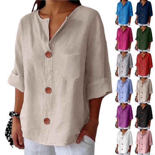 Women's Casual Cotton Linen Blouse V Neck Button Up Loose T-Shirt With Pocket Short Sleeve Summer Tops Solid Color Comfy Tunic