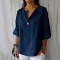 Women's Casual Linen Cotton Loose Blouse V-Neck Short Sleeve Button Up Top Summer Comfortable Breathable Shirt For Women S-5XL