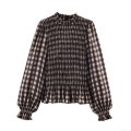Women Retro Plaid Smocked Blouse High Neck Ruffle Trim Long Sleeve Casual Pullover Shirt Polyester Poplin Top For Ladies