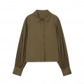 Women's Fashion Solid Color Lapel Poplin Shirt Long Sleeve Puff Sleeve Loose Blouse Army Green Casual Office Top Fall Winter