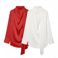 Women's Satin Scarf Collar Blouse Polyester Spandex Long Sleeve Elegant Office Commute Top Solid Color Loose Tie Neck Fashion Shirt