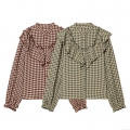 Women's Sweet Plaid Ruffle Shirt Long Sleeve Cotton Blend Button Down Blouse Regular Fit Casual Tops For Daily Wear