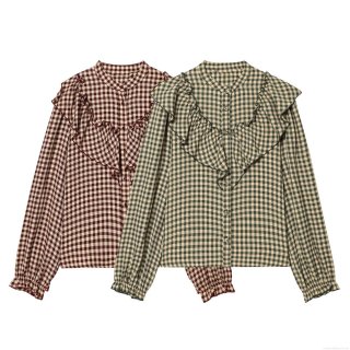 Women's Sweet Plaid Ruffle Shirt Long Sleeve Cotton Blend Button Down Blouse Regular Fit Casual Tops For Daily Wear