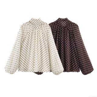 Women's Elegant Polka Dot Chiffon Blouse Tie Neck Long Lantern Sleeve Loose Casual Office Shirt Retro Sweet Top