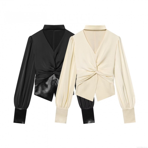 Elegant Women's V-Neck Satin Blouse Long Bubble Sleeve Knot Front Waist Tight Stitching Shirt Casual Chic Top For Daily Date Autumn Winter