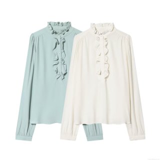 Women's Sweet Ruffle Wood Ear Collar Blouse Elegant Long Sleeve Solid Color Polyester Spandex Shirt Loose Casual Commuter Top