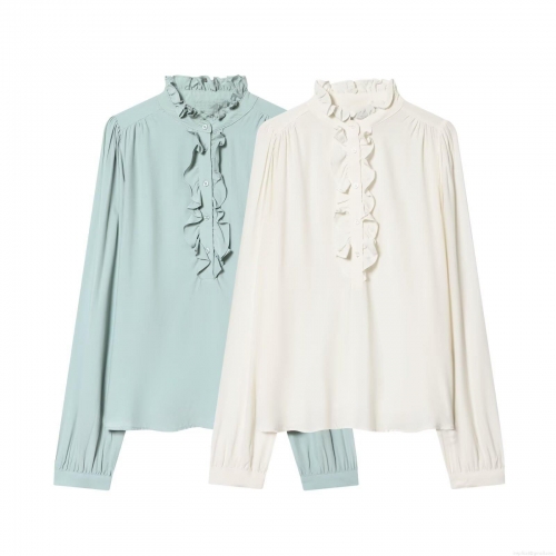Women's Sweet Ruffle Wood Ear Collar Blouse Elegant Long Sleeve Solid Color Polyester Spandex Shirt Loose Casual Commuter Top