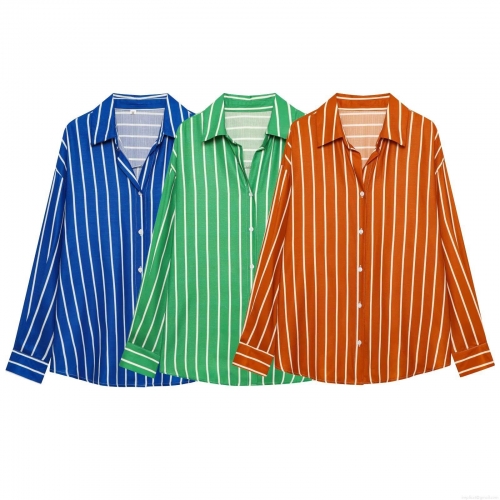 Women Striped Long Sleeve Shirt Oversized Casual Button Down Blouse Lapel Collar Polyester Spandex Commuter Top Daily Wear Office Ladies Winter