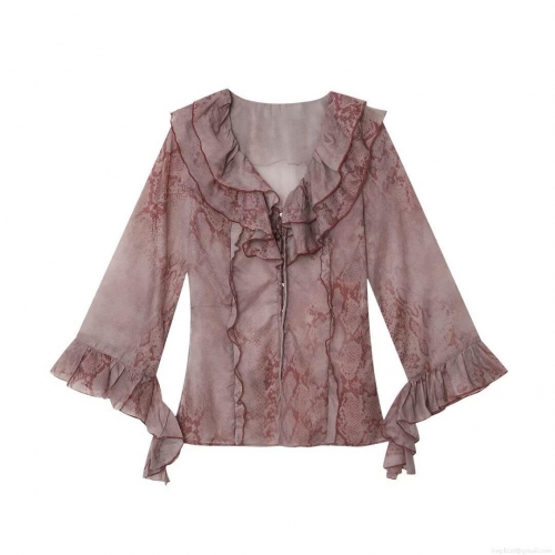 Women's Retro Snake Skin Print Ruffle Stand Collar Blouse Long Sleeve Slim Fit Polyester Spandex Shirt For Daily Casual Office Dating Elegant Tops