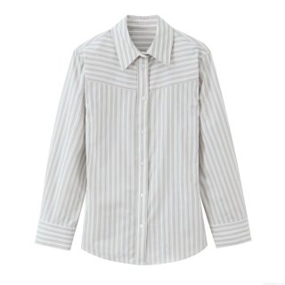 Women Casual Striped Poplin Shirt Lapel Long Sleeve Single Breasted Blouse Office Commute Button Down Tops Polyester Spandex Grey White Stripe Shirt