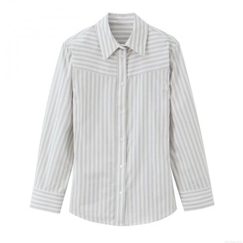 Women Casual Striped Poplin Shirt Lapel Long Sleeve Single Breasted Blouse Office Commute Button Down Tops Polyester Spandex Grey White Stripe Shirt