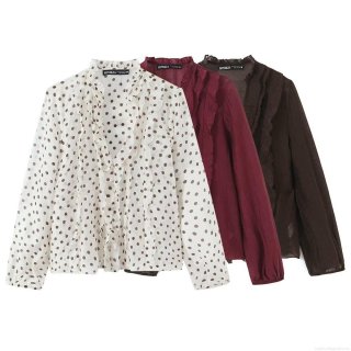 Women's Long Sleeve Polka Dot Ruffle Chiffon Blouse Elegant V-Neck Layered Patchwork Shirt Top For Daily Office Dating Lady Clothing