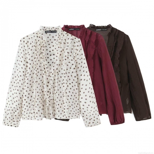 Women's Long Sleeve Polka Dot Ruffle Chiffon Blouse Elegant V-Neck Layered Patchwork Shirt Top For Daily Office Dating Lady Clothing