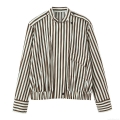 Women's Striped Long Sleeve Blouse Stand Collar Polyester Spandex Casual Shirt Jacket With Pockets Elastic Hem For Daily Commute