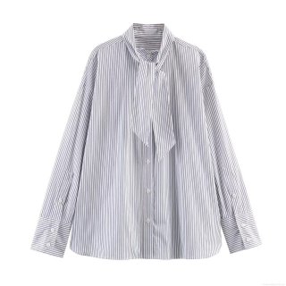 Women Striped Poplin Shirt Scarf Tie Neck Long Sleeve Button Down Loose Fit Casual Blouse Top Workwear