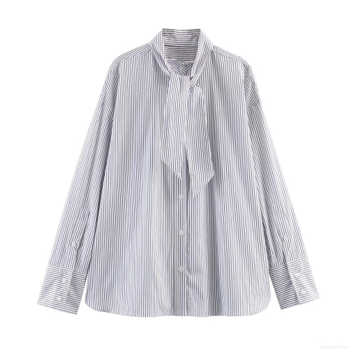 Women Striped Poplin Shirt Scarf Tie Neck Long Sleeve Button Down Loose Fit Casual Blouse Top Workwear