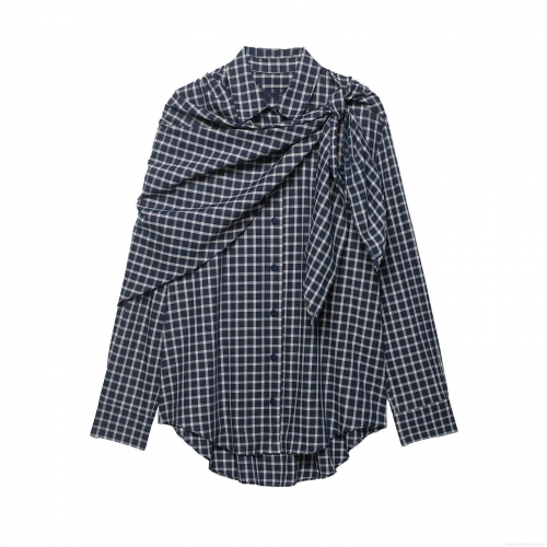 Women's Fashion Winter Plaid Shirt Casual Asymmetric Shawl Knotted Checkered Blouse Long Sleeve Polo Collar Polyester Spandex Blend Tops Women Office Daily