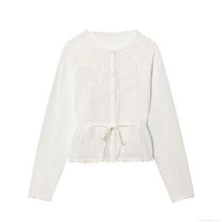 Women White Lace Embroidered Long Sleeve Blouse Elegant Floral Embroidery Button Up Shirt With Drawstring Waist Sweet French Style Casual Tops