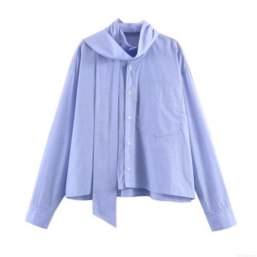 Women's Casual Loose Poplin Shirt Long Sleeve Tie Collar Blouse With Pocket Solid Color Button Down Top For Daily Wear Office Work