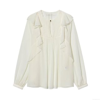 Women Fashion Ruffle Chiffon Blouse Long Sleeve Pleated Layered Decoration Top Korean Casual Round Neck Pullover Shirt For Office Dating Ladies Clothing