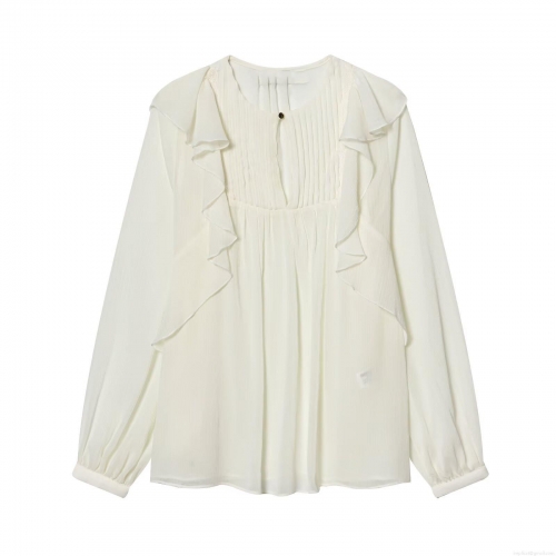 Women Fashion Ruffle Chiffon Blouse Long Sleeve Pleated Layered Decoration Top Korean Casual Round Neck Pullover Shirt For Office Dating Ladies Clothing